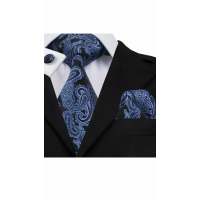 3delige set stropdas manchetknopen pochet blauw zwart Paisley